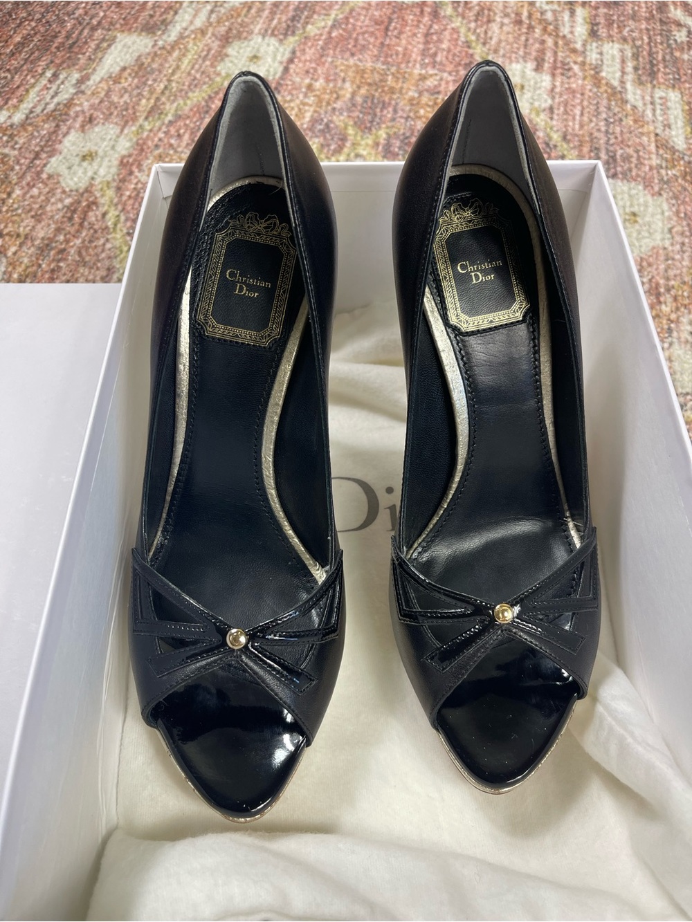 NEW Christian Dior Open Toe Leather Pumps Black Gold Size 38.5